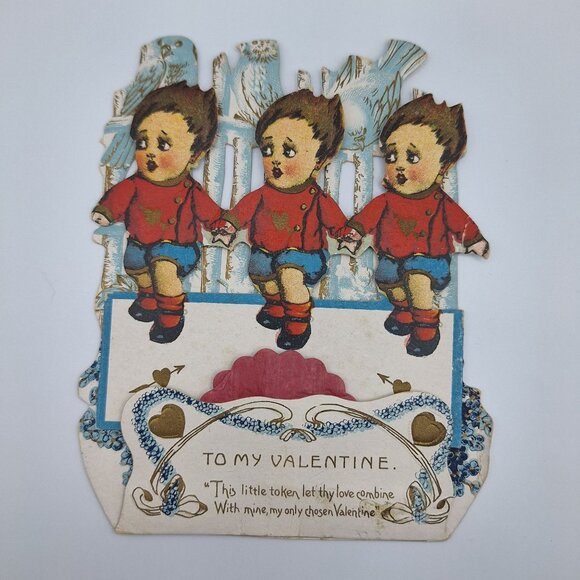 Vintage Valentine Pop Up Card Lovebirds Hearts Children Boys‎ Love Combine Token - Picture 2 of 8